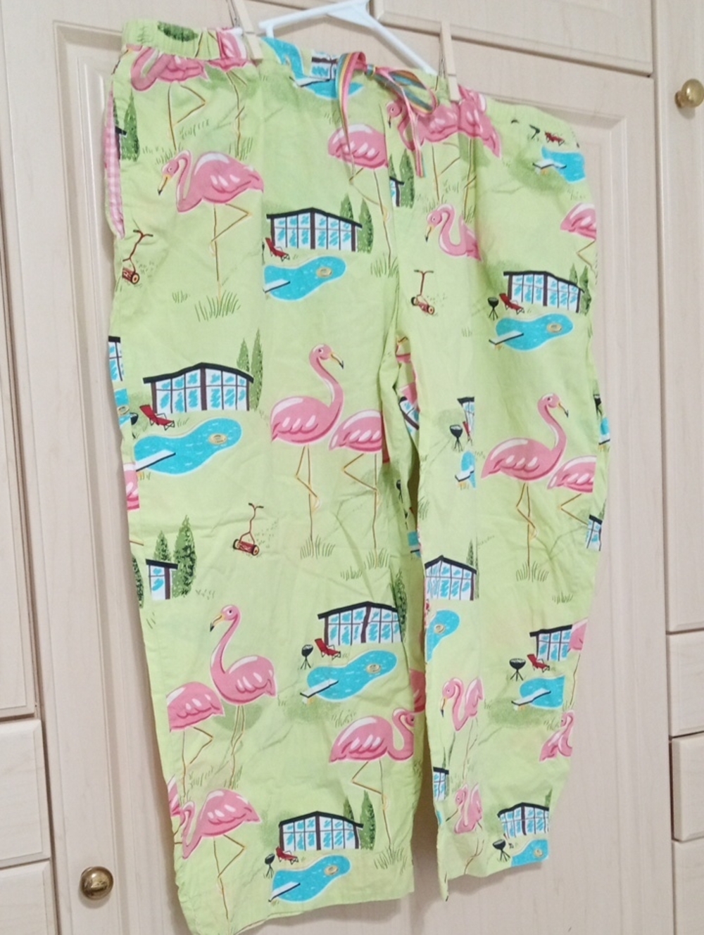 Vintage Women's Nick And Nora Flamingo Print Pajama Pants - Pink on Light Green